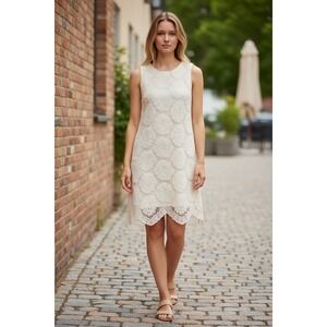 Lucy Paris Buttons Lace Dress Cream Floral Scalloped Hem Sleeveless Medium USA